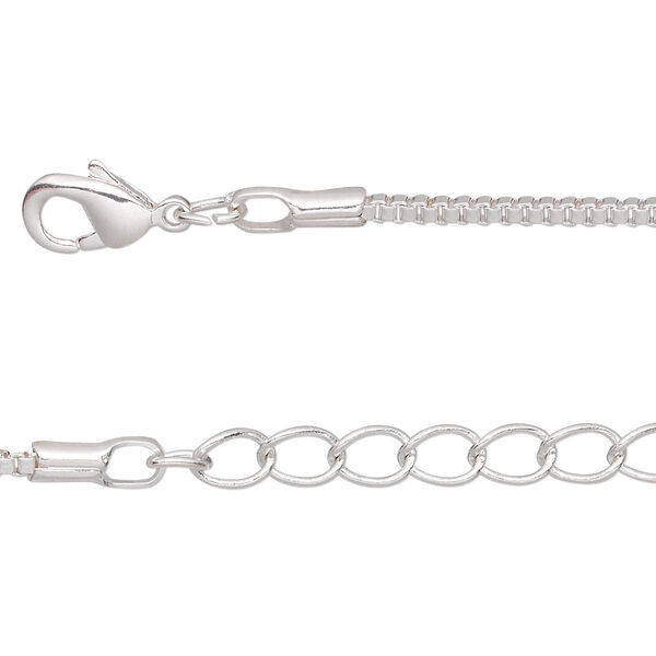 Chain, silver-plated brass, 1.5mm Venetian box, 24 inches with 1-inch extender chain and lobster claw clasp. Sold per pkg of 2. image number 0