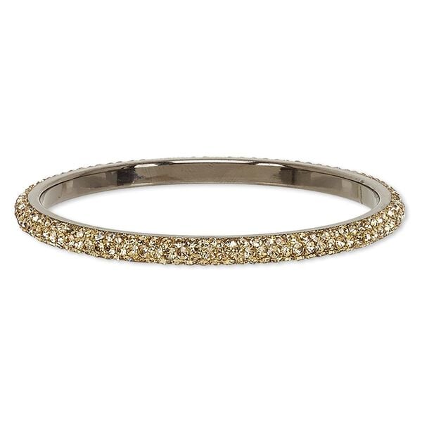 Bracelet, bangle, epoxy / Preciosa glass rhinestone / gunmetal-plated brass, black and light topaz, 6mm wide, 2-3/4 inch inside diameter. Sold individually. image number 0
