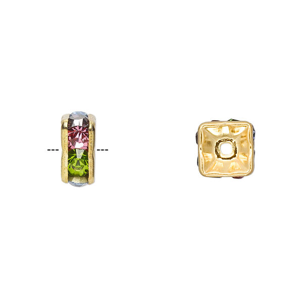 Bead, gold-finished brass and glass rhinestone, multicolored light, 8x4mm squaredelle. Sold per pkg of 10. image number 0