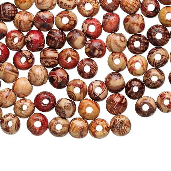 Bead mix, wood (coated), multicolored, 8mm hand-cut round with painted pattern. Sold per pkg of 100. image number 0