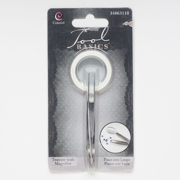 Tweezer with magnifier, steel / glass / acrylic, 6-3/4 x 1-1/2 inches with 1-inch lens, 2x magnification. Sold individually. image number 0