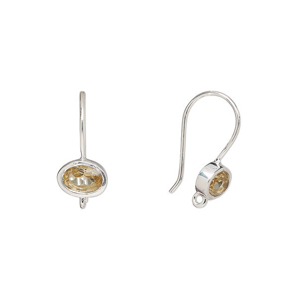 Ear wire, citrine (heated) and sterling silver, 15.5mm fishhook with 7.5mm oval and closed loop, 22 gauge. Sold per pair. image number 0