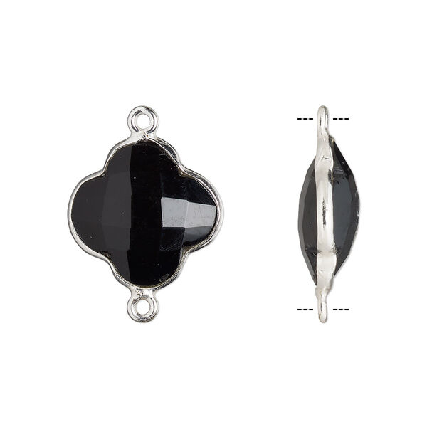 Link, black onyx (dyed) and sterling silver, black, 16-17mm hand-cut double-sided faceted clover. Sold individually. image number 0