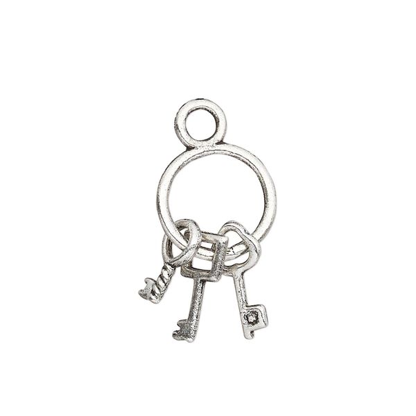 Charm, antique silver-plated "pewter" (zinc-based alloy), 21x12mm double-sided key ring with (3) keys. Sold per pkg of 10. image number 0