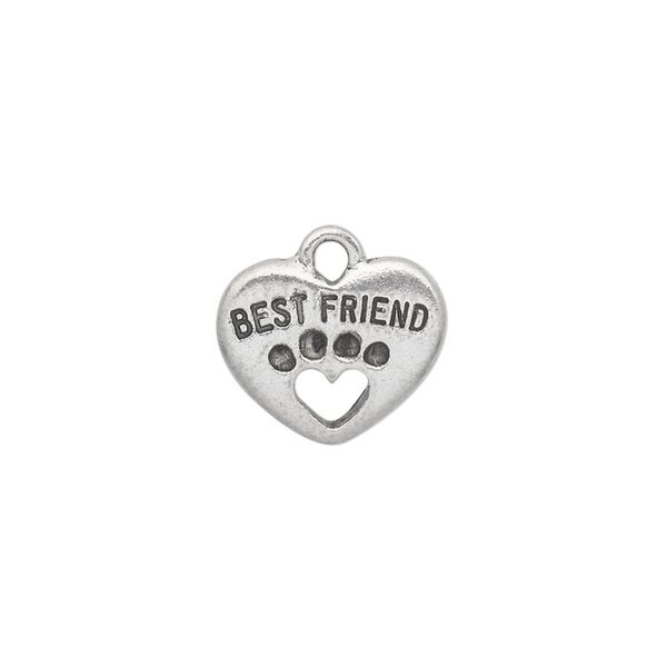 Charm, antiqued pewter (tin-based alloy), 15x13mm double-sided heart with "Best Friend" and dog paw cutout. Sold individually. image number 0