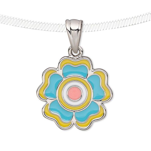 Pendant, enamel and silver-finished pewter (tin-based alloy), multicolored, 22x22mm flower. Sold individually. image number 0