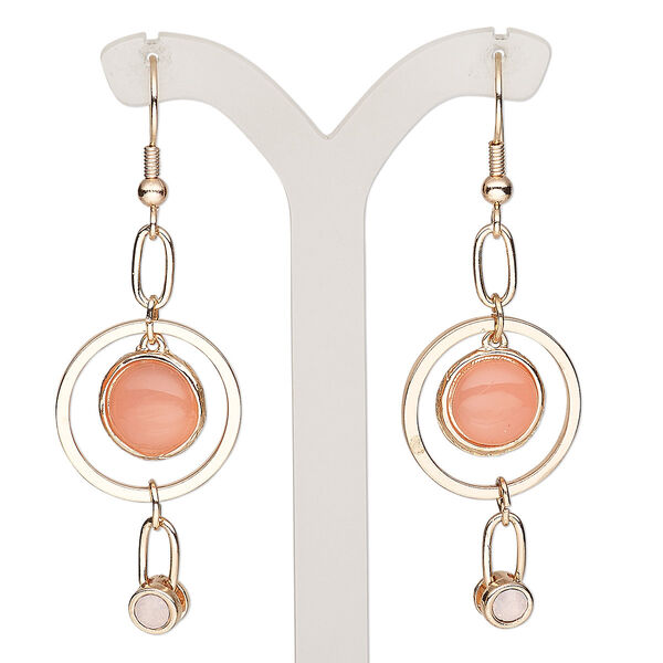 Earring, resin / acrylic rhinestone / rose gold-finished steel / brass / "pewter" (zinc-based alloy), dark pink and pink opal, 2-1/2 inches with fishhook ear wire. Sold per pair. image number 0