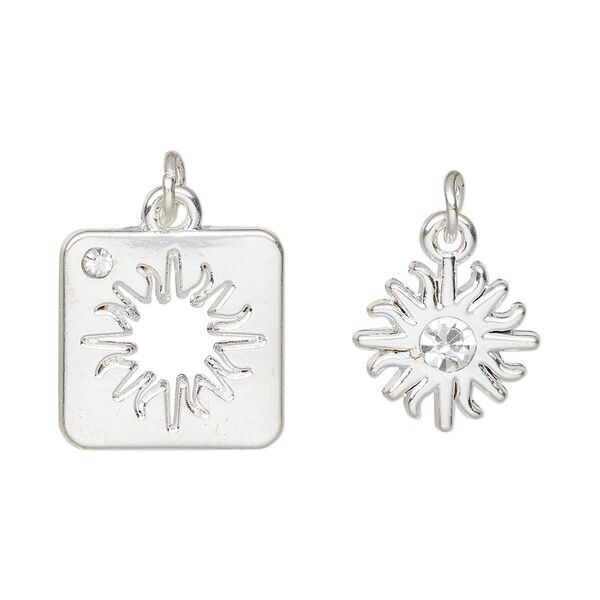 Charm, silver-finished "pewter" (zinc-based alloy) and glass, clear, 16x16mm square with sun cutout design and 13x13mm single-sided sun. Sold per pkg of (2) 2-piece sets. image number 0
