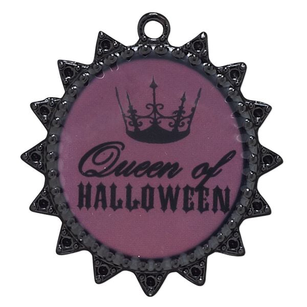Focal, enamel and black-finished "pewter" (zinc-based alloy), 38mm fancy flat round with crown design and "Queen of Halloween." Sold individually. image number 0