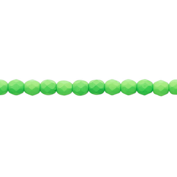 Bead, Preciosa, Czech painted fire-polished glass, matte neon green, 4mm faceted round. Sold per 8-inch strand, approximately 50 beads. image number 0