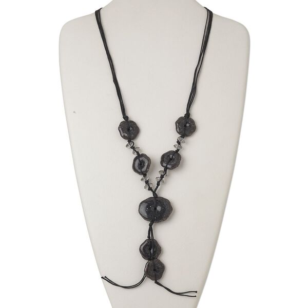 Necklace, acrylic / waxed cotton cord / silver-finished steel, black and grey, 5-inch dangle with 24x24mm flower and 38x30mm puffed oval, 28 inches with lobster claw clasp and 2-inch extender chain. Sold individually. image number 0