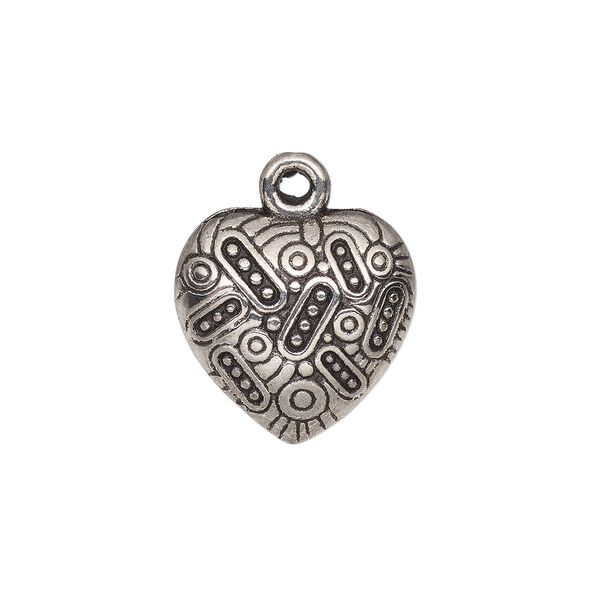 Charm, antique silver-finished "pewter" (zinc-based alloy), 15x14.5mm single-sided heart with dot and oval pattern. Sold per pkg of 10. image number 0