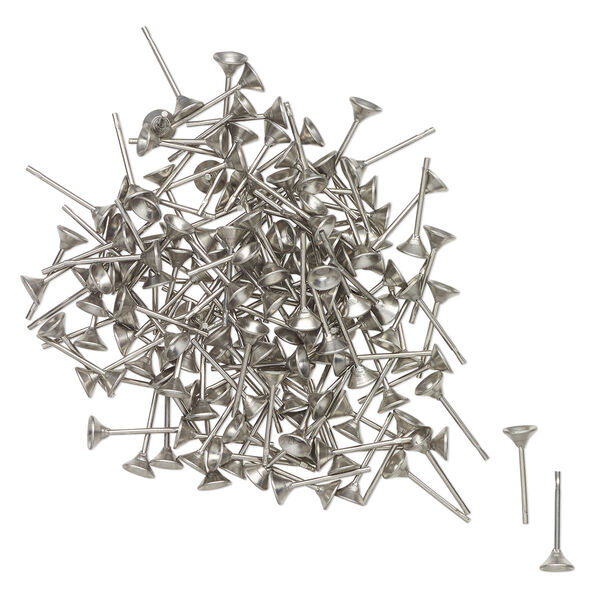 Earstud, nickel-finished steel, 4mm glue-in cup, PP24 round setting. Sold per pkg of 50 pairs. image number 0