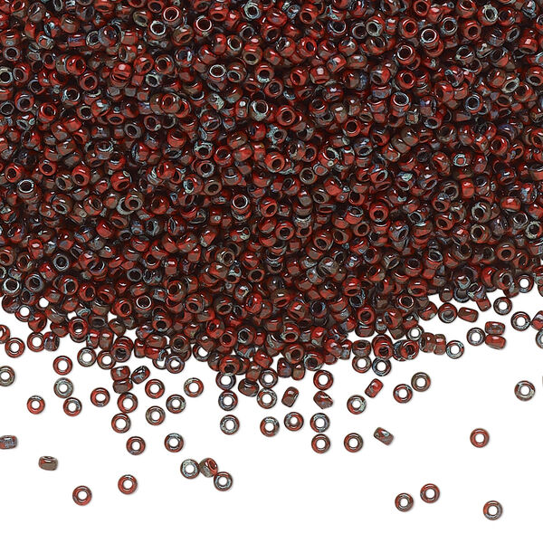 Seed bead, Miyuki, glass, pkg/35g, #15 rocaille, opaque Picasso red, (RR-4513). image number 0