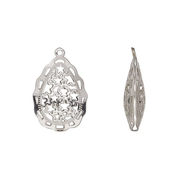 Drop, stainless steel, 18x13.5mm double-sided domed teardrop with textured cut-out stars design. Sold per pkg of 6. image number 0