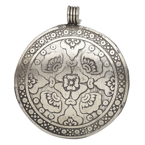 Pendant, antique silver-finished brass, 48mm single-sided round with flower design and wire-wrapped tube bail. Sold individually. image number 0