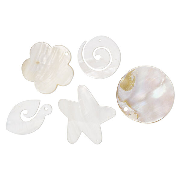 Focal / drop / bead mix, mother-of-pearl shell and blister pearl shell (bleached), 42x12mm-65x57mm mixed shapes, Mohs hardness 3-1/2. Sold per pkg of 5. image number 0