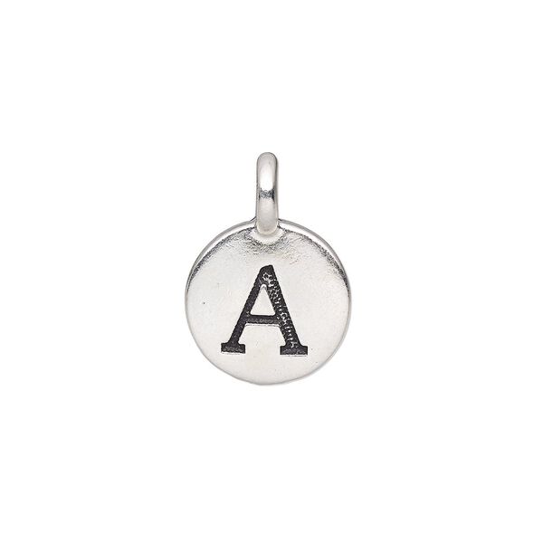 Drop, TierraCast®, antique silver-plated pewter (tin-based alloy), 11.5mm single-sided round with textured alphabet letter "A." Sold per pkg of 2. image number 0