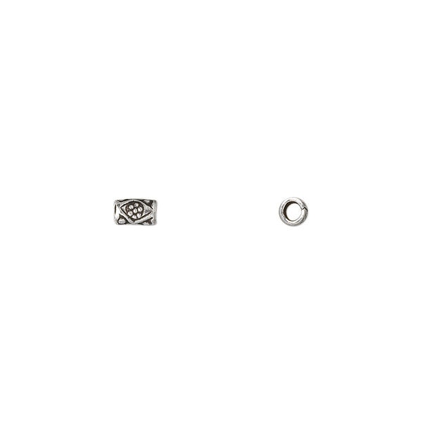 Bead, Hill Tribes, antiqued sterling silver, 4x3mm round tube with X and flower design. Sold per pkg of 10. image number 0