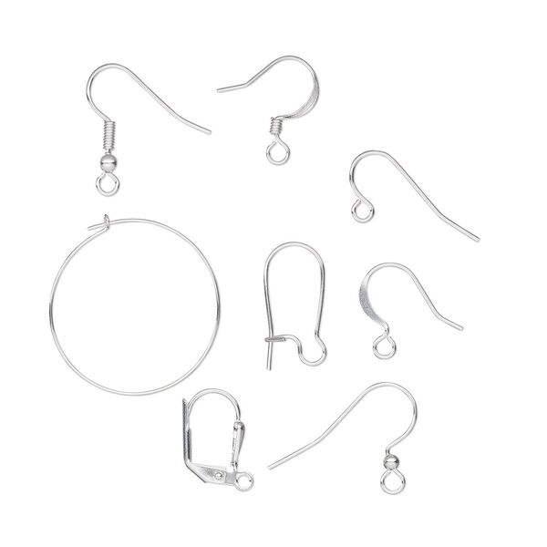 Earring mix hoop / kidney / leverback / fishhook 1pkg100 silver-plated, mixed sizes and shapes, 22-24 gauge brass / steel 50 pair image number 0