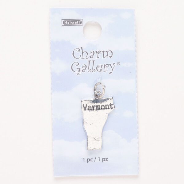 Charm, steel and enamel, pkg/1, silver finish and black, 21x14mm with "Vermont." image number 0