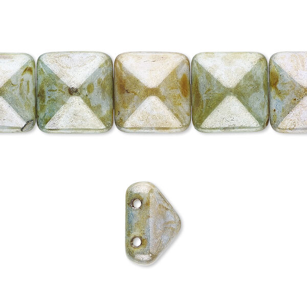 Spacer, Preciosa, Czech pressed glass, marbled opaque green and brown luster, 11x11x7.5mm 2-strand pyramid, fits up to 5.5mm bead. Sold per 8-inch strand, approximately 15 spacers. image number 0