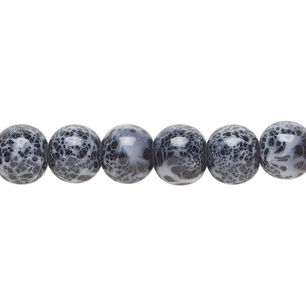 Bead, glass, opaque steel blue and black, 7-8mm round with random spotted pattern. Sold per 15-1/2" to 16" strand. image number 0