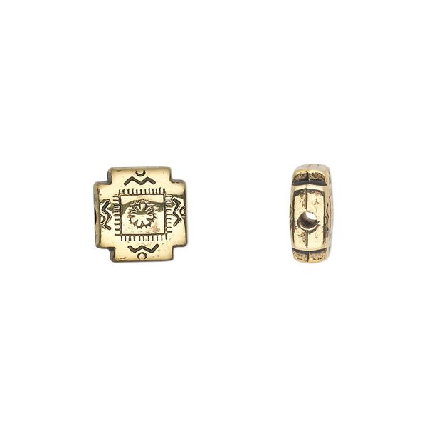 Bead, antiqued gold-finished copper-coated plastic, 10x10mm fancy flat square. Sold per 50-gram pkg, approximately 120 beads. image number 0