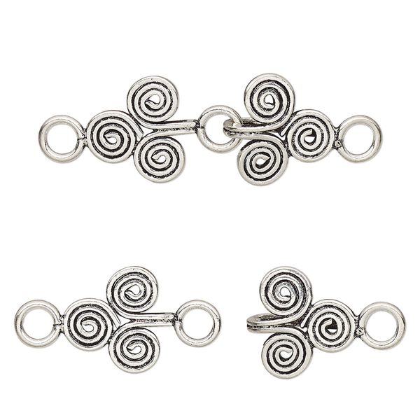 Clasp hook-and-eye 1pkg1, antiqued sterling silver, 30x11mm with circle patterns. image number 0