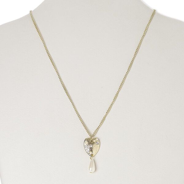 Necklace, acrylic / glass rhinestone / gold-finished steel / "pewter" (zinc-based alloy), white and clear, 35x16mm flat heart and pearl, 18 inches with 3-inch extender chain and lobster claw clasp. Sold individually. image number 0