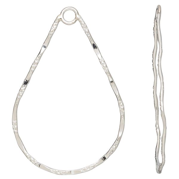 Focal, sterling silver, 43x29mm double-sided hammered textured teardrop with loop. Sold per pkg of 2. image number 0