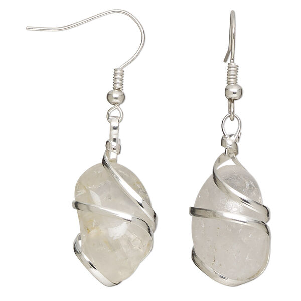 Quartz / copper 1pkg2, hand-cut tumbled nugget silver-plated fishhook earring natural 22 gauge 45mm overall image number 0