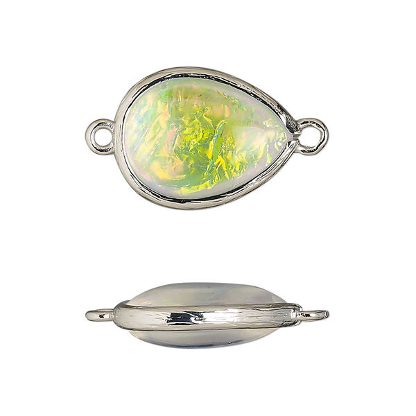 Link, Opalized Ice™, "opal" (resin) and imitation rhodium-finished brass, opaque white, 19.5x15mm double-sided teardrop. Sold per pkg of 4. image number 0