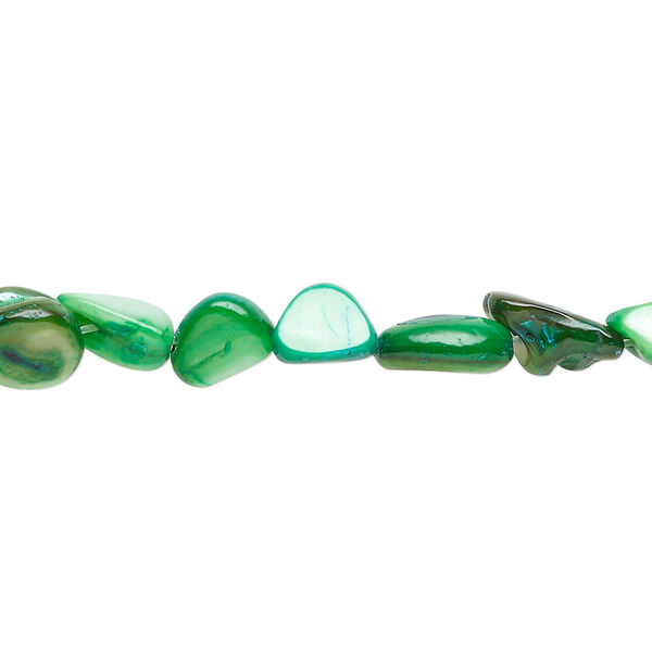 Bead, mother-of-pearl shell (dyed), tropical green, small to large pebble, Mohs hardness 3-1/2. Sold per 30-inch strand. image number 0