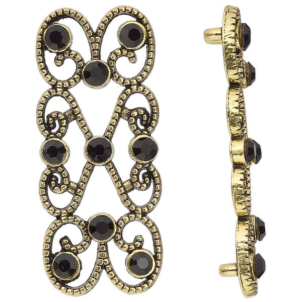 Spacer, antiqued gold-finished "pewter" (zinc-based alloy) and Czech glass rhinestone, black, 39x18mm 2-strand fancy rectangle. Sold per pkg of 4. image number 0