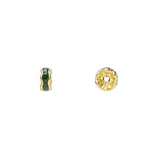 Bead, glass rhinestone and gold-finished brass, emerald green, 5x2mm rondelle. Sold per pkg of 10. image number 0
