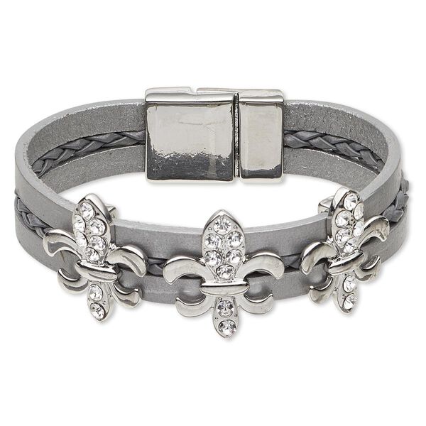 Bracelet, leather (dyed) / crystals / imitation rhodium-plated "pewter" (zinc-based alloy), grey and crystal clear, 14mm wide with 23x20mm fleur-de-lis, 6 inches with magnetic clasp. Sold individually. image number 0