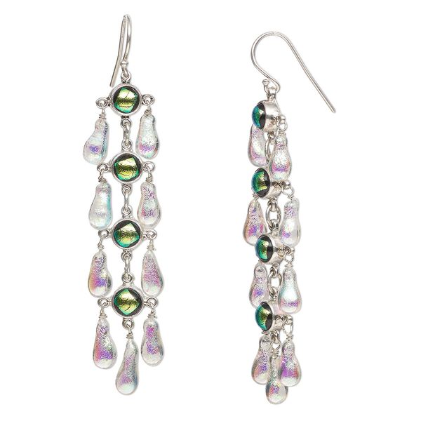 Sterling silver and dichroic green and pink drop earrings, approx 70mm long. Sold per pair. image number 0