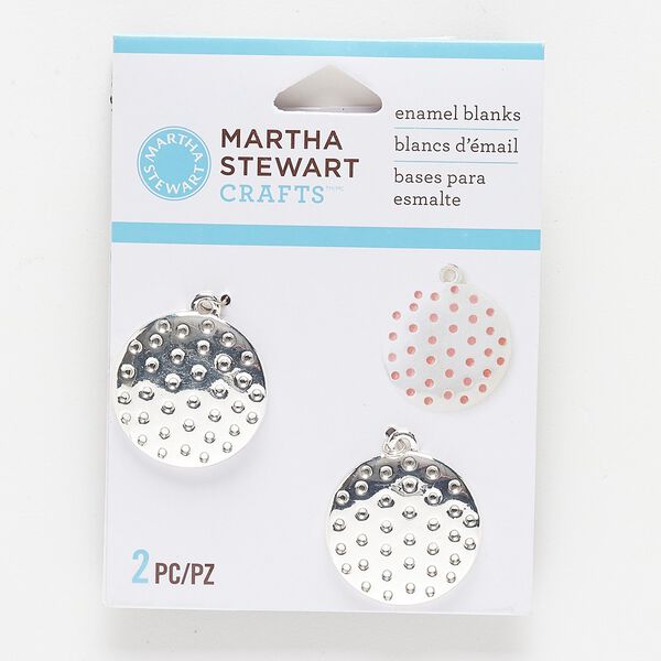 Drop, silver-finished "pewter" (zinc-based alloy), 24mm round enamel blank with polka dot design. Sold per pkg of 2. image number 0