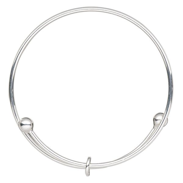 Bracelet, bangle, silver-finished steel, 2mm wide with 6mm ball and 8mm soldered jumpring, adjustable from 7-1/4 to 7-1/2 inches. Sold individually. image number 0