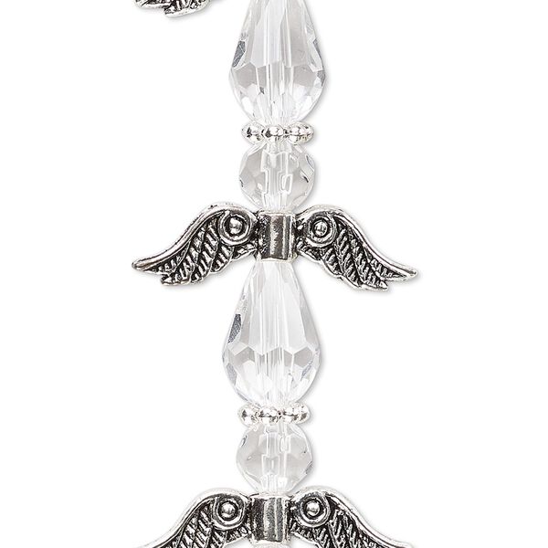 Bead, crystal and antique silver-plated "pewter" (zinc-based alloy), transparent clear, 23mm angel. Sold per pkg of 4. image number 0