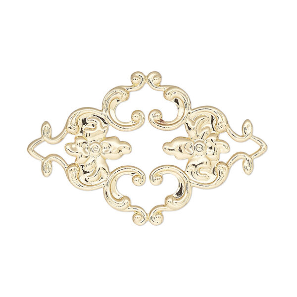 Focal, gold-finished brass, 36x23mm single-sided filigree with flower and leaves design. Sold per pkg of 2. image number 0