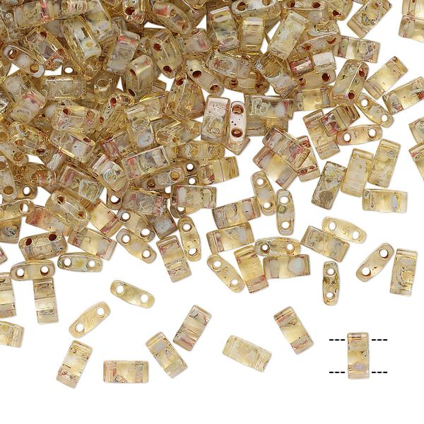 Seed bead, TILA®, glass, pkg/40g, 5x2.3mm half tila rectangle, translucent Picasso light amber, (HTL-4501). image number 0