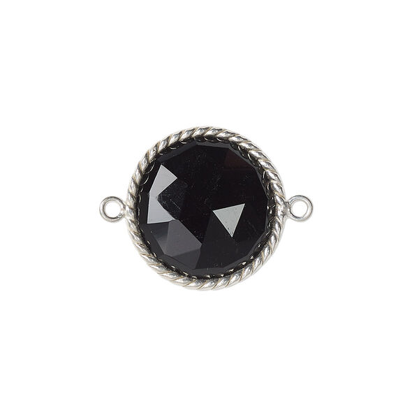 Link, black onyx (dyed) and sterling silver, 17-19mm hand-cut double-sided faceted round with twisted wire design. Sold individually. image number 0