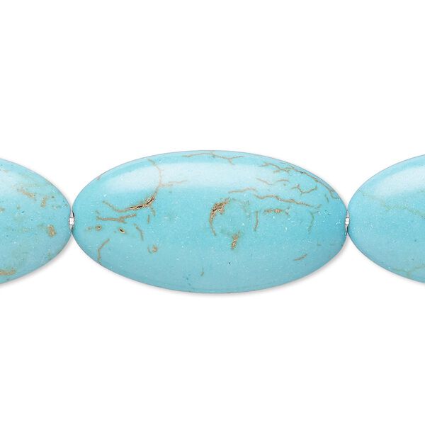 Bead, magnesite (dyed / stabilized), blue-green, 28x15mm-29x15mm puffed oval, B- grade, Mohs hardness 3-1/2 to 4. Sold per 8-inch strand. image number 0