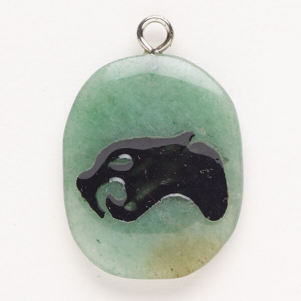 Focal, steel/green aventurine (natural)/enamel, pkg/1, silver finish and black, 30x24mm-39x27mm single-sided puffed freeform with sabretooth tiger head, B grade. image number 0