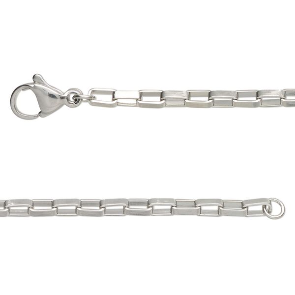 Chain, stainless steel, 2.5mm rectangular box, 24 inches with lobster claw clasp Sold per pkg of 2. image number 0