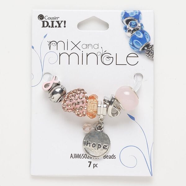 Bead, glass and antique silver-finished "pewter" (zinc-based alloy), pink and orange, assorted sizes. Sold per pkg of 7. image number 0