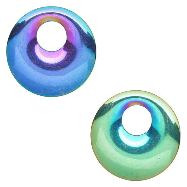Focal, electroplated Hemalyke™ (man-made), rainbow, 30mm double-sided go-go. Sold per pkg of 2. image number 0