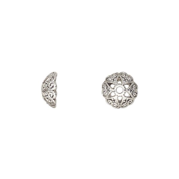 Bead cap, antique silver-finished "pewter" (zinc-based alloy), 9.5x4mm round with cutout flower, fits 6-10mm round bead. Sold per pkg of 20. image number 0